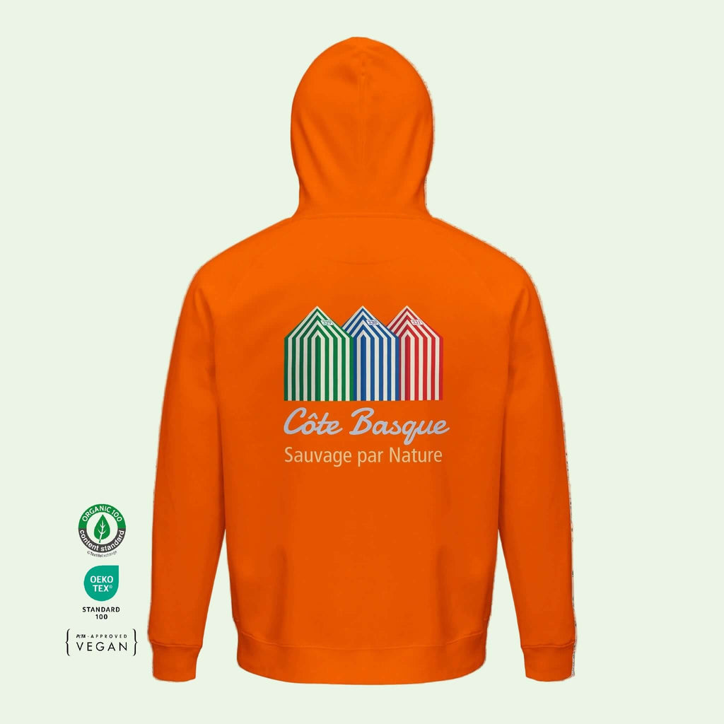 unisex sustainable hoodie in orange with beach cabins design back by Aunti