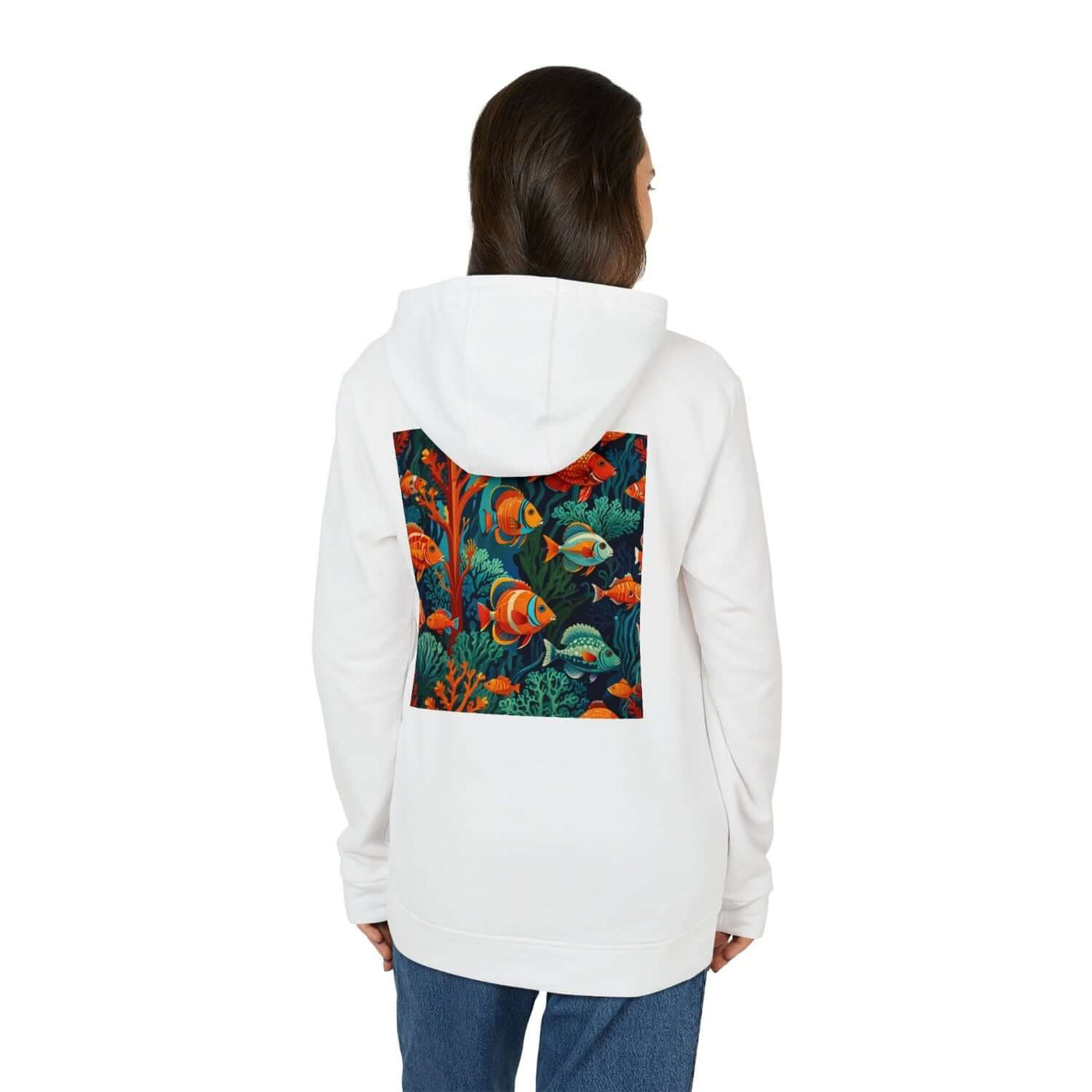 woman wearing a sustainable  white fleece hoodie customized by Vexora Apparel with corals and tropical fish