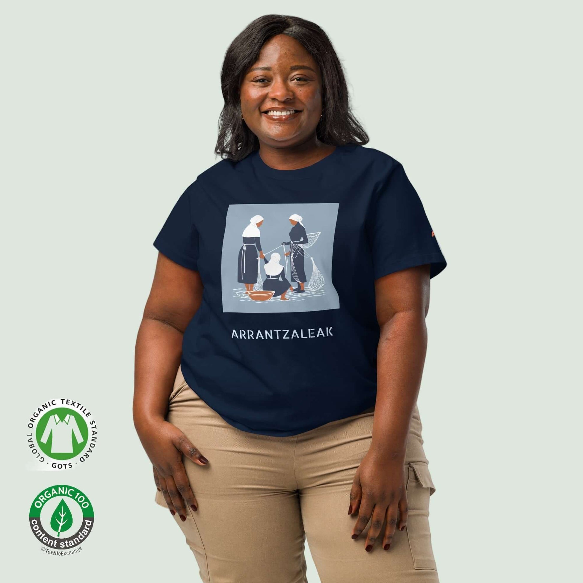 womens gots organic t-shirt in french navy with fisherwomen design front by  Aunti