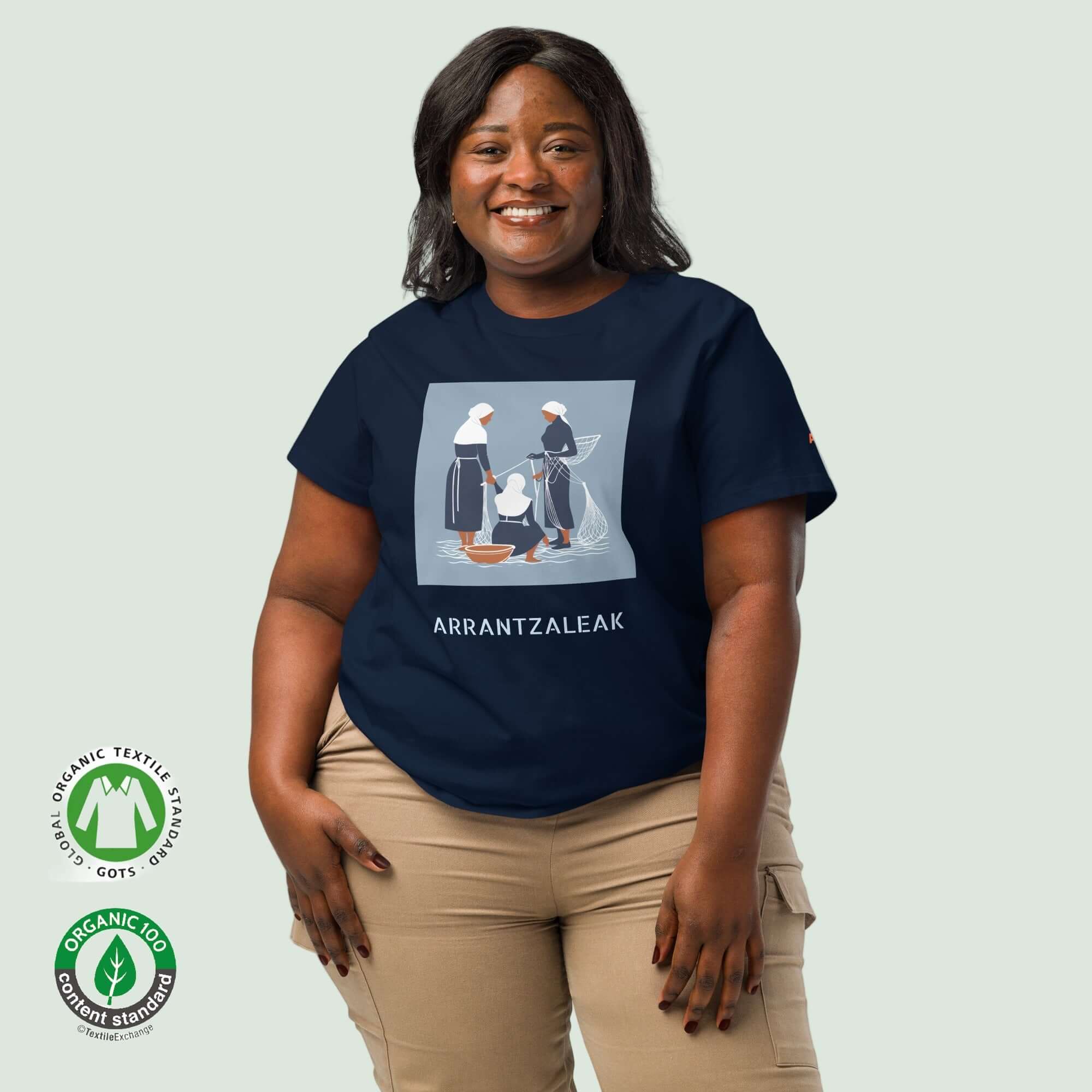womens gots organic t-shirt in french navy with fisherwomen design front by  Aunti