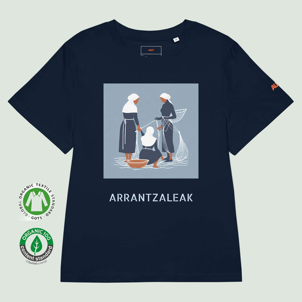 women`s organic t-shirt in french navy with fisherwomen design front by Aunti