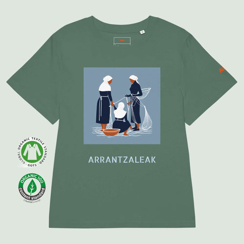 women`s organic t-shirt in green with fisherwomen design front by Aunti